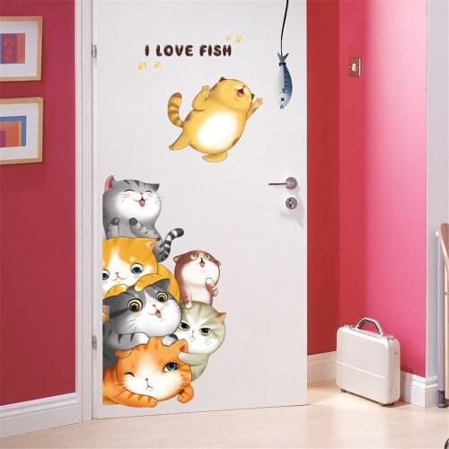 Fun Cartoon Animals Grassland Wall Stickers for Kids Room Baby Nursery Room Decoration Fish Cat Door Sticker Pet Shop Home Decor