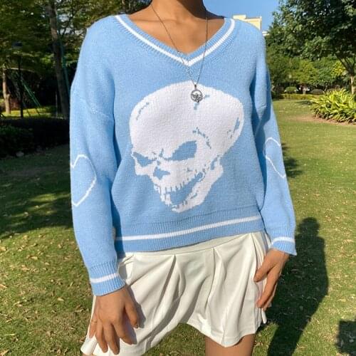 Skulls Y2K Knitted Woman Sweaters Female Pullovers V Neck Knitwear 2020 Streetwear Autumn Long Sleeve E-Girl Tops Winter Jumper