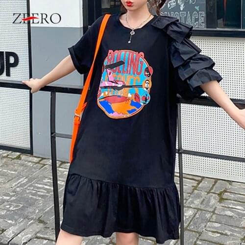Casual Cartoon Print Splicing Cascading Ruffles T Shirt Dresses for Women Summer Midi Dress Female Long Tees Tops Vestidos Mujer