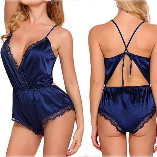 Women Sexy Lace Lingerie Bodysuit Deep V Lotion Hang Neck Nightgowns Sleevless Solid Nightwear Silk Satin Sleepwear Costumes