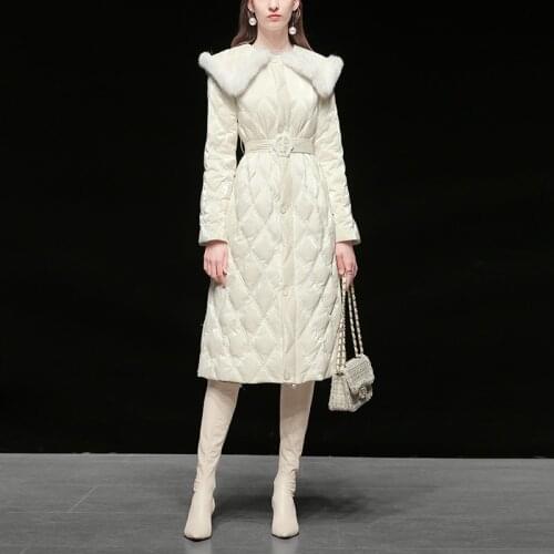 Winter Womens Real Rabbit Fur lapel Long Fluffy Down Coat Female Was Thin Thick Warm Down Jacket Parkas With Belt F2510