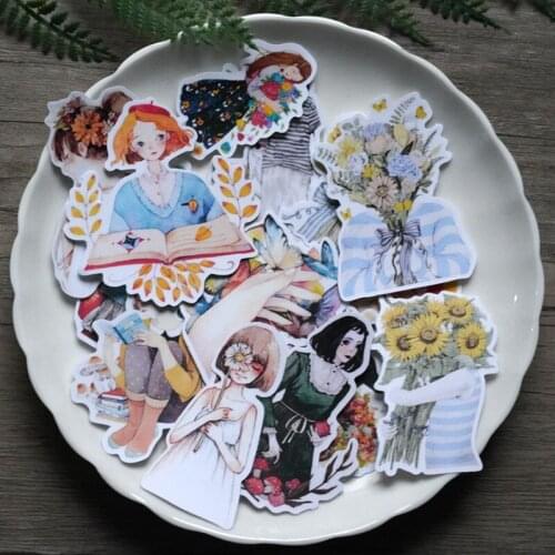 15PCS Girl holding flowers Sticker DIY Scrapbooking Bottom Collage Phone Computer Diary Happy Planner Decoration Sticker