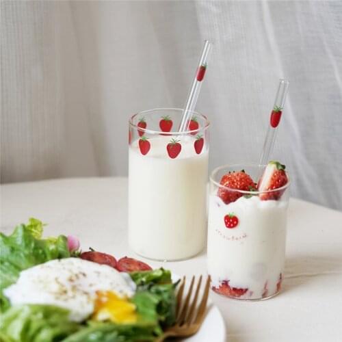 4pcs ins style cute strawberry printing water cup milk cup high borosilicate heat-resistant glass student dormitory straw cup