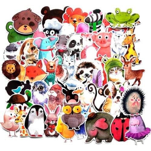 50 PCS Colorful Animals Funny Car Stickers on Motorcycle Suitcase Home Decor Sticker Toys Watercolor Cute Cartoon Decal