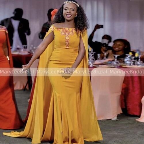 African Women Gold Yellow Evening Dresses With Chiffon Wrap Off Shoulder Appliqued Long Cape Formal Party Gowns Customized