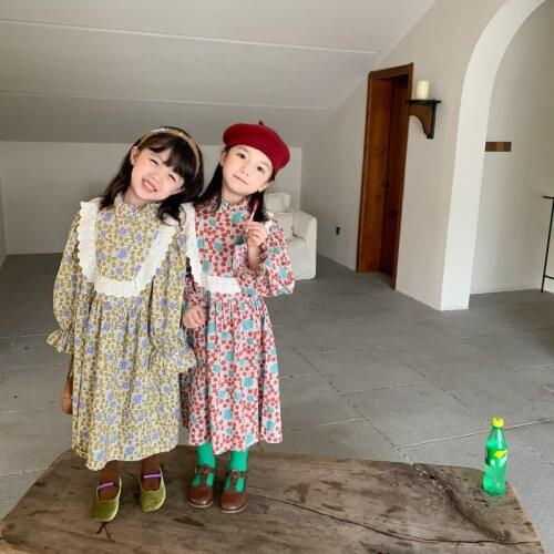 Childrens Dress 2021 Autumn New Korean Girls Stand Collar Patchwork Flower Edge Dress Childrens Sweet Loose Princess Dress