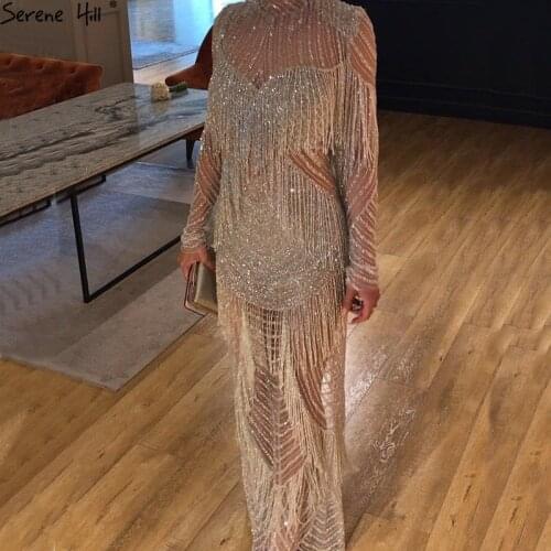 Dubai Tassel Beading Evening Dresses 2020 Luxury Mermaid Long Sleeves Elegant Sexy Evening Gowns Serene Hill DLA6662