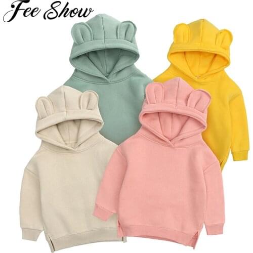 Toddler Baby Boys Girls Cartoon Hoodie Bear Ear Sweatshirt Solid Colors Long Sleeve Thicken Fleece Pullover Coat Outerwear