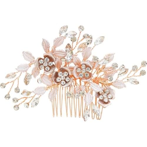 Gorgeous Rose Gold Pearl Crystal Flower Bridal Hair Comb New Fashion Hand-Woven Branches And Leaves Bridal Headdress Jewelry