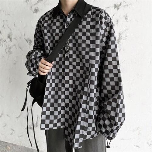 Harajuku Checkerboard Shirt Women Streetwear Shirt Loose Long Sleeve Blouse Vintage Contrast Shirt Large Size Shirt Man Shirt