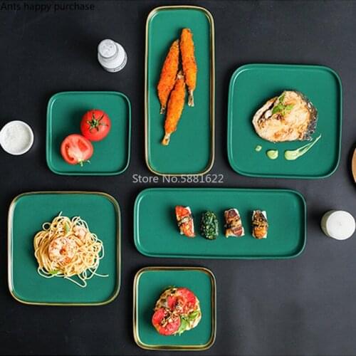 Nordic Ceramic Western Plate Green Household Square Tableware Restaurant Phnom Penh Steak Dish Kitchen Tools Snack Cake Tray