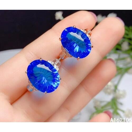 925 pure silver Chinese style optimization Swiss Blue Topaz womens vintage luxury oval adjustable large gem ring jewelry suppor
