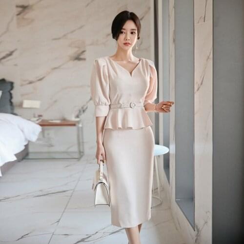 Fashion women elegant comfortable new arrival temperament v-neck sexy basic shirt and slim pencil skirt trend 2 pieces women set