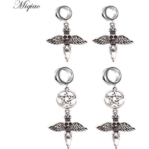 Miqiao 2pcs New Products Stainless Steel Cross Wings Skull Sword Earrings Pulley Ear Expander Human Body Piercing Jewelry