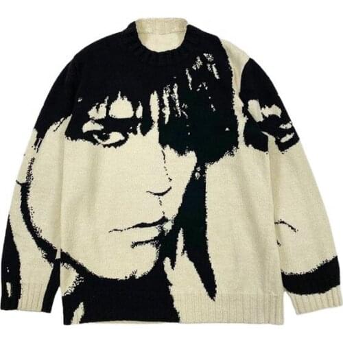 Mens Streetwear Harajuku Sweater Vintage Retro Japanese Style Anime Portrait Print Knitted Sweater 2021 Autumn Cotton Pullover