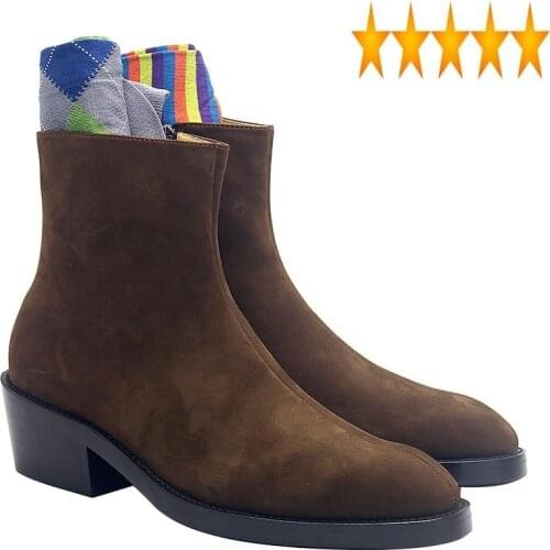 Heels Suede Leather Men High Dress Luxury Brand Zip Pointed Toe Ankle Boots Classic Business Office Shoes Male Dark Brown