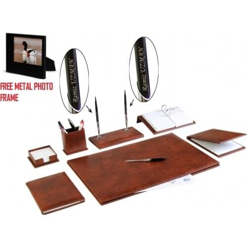 YENICE 9 pcs Office Business Leather Desk Table Pad Accessories Set Desk Set + Your name on Pen and Free Metal Photo Frame GIFT