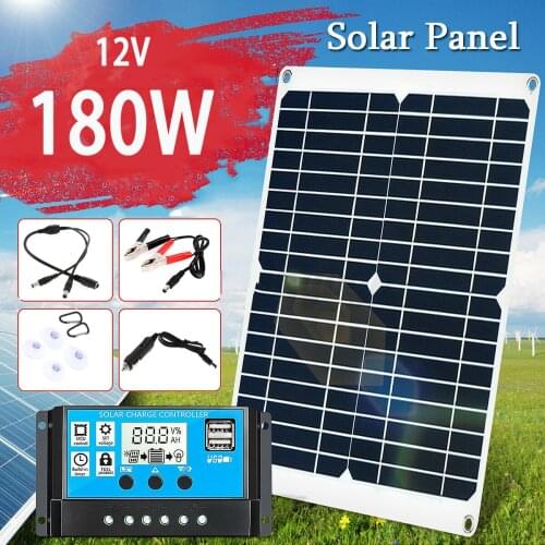 180W 12V Protable Solar Panel Kit Dual USB Port Battery Power Bank With 20A Controller Charger Outdoor Camping Yacht Lights