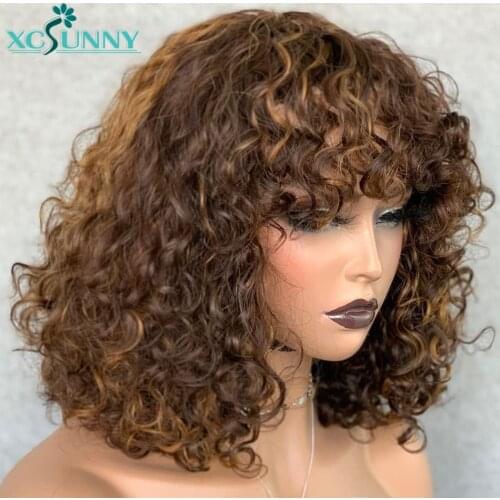 Highlight Wig Human Hair Curly Full Machine Made Wig With Bangs Colored Highlight Blonde Remy Brazilian For Women xcsunny