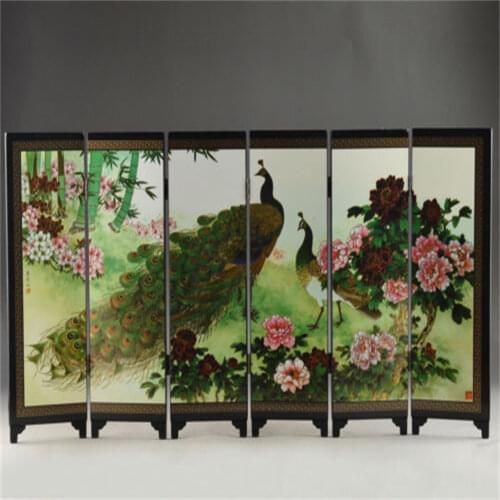 Details Old about Superb Beautiful Oriental Lacquer Handwork Painting peafowl fold screen
