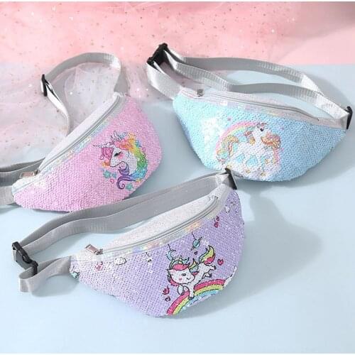 Cartoon Unicorn Waist Bag For Women/Girl Sequins Print Fashion Fanny Pack ChildrenS Shoulder Belt Bags Glitter Kids Phone Pouch