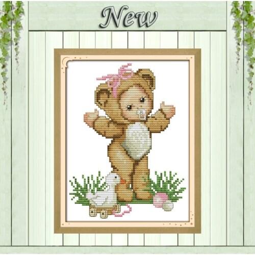 The lovely baby bear girl painting pattern print on canvas DMC 14CT11CT DIY Cross Stitch chinese Needlework Embroidery Sets kits