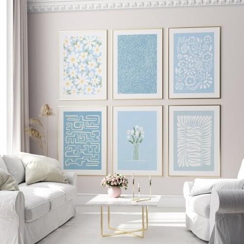 Blue Abstract Curve Pattern Flowers Canvas Art Painting Posters and Prints Nordic Wall Pictures for Living Room Home Decoration