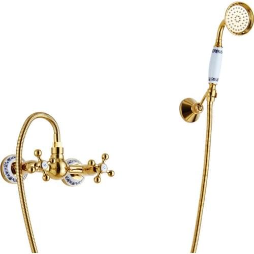 Bathtub Faucet Cold and Hot With Hand Held Shower Head Brass Gold Plate Bathroom Shower Faucet Set Mixer Tap Toilet Bidet Faucet