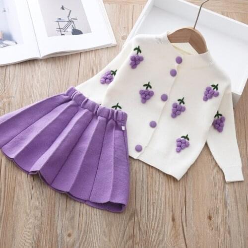 Baby Girl Sweater 2pcs Suits Flannel Fleece Warm Spring Autumn Fruit Embrioderied Sweater+ Purple Skirts Girls Suit