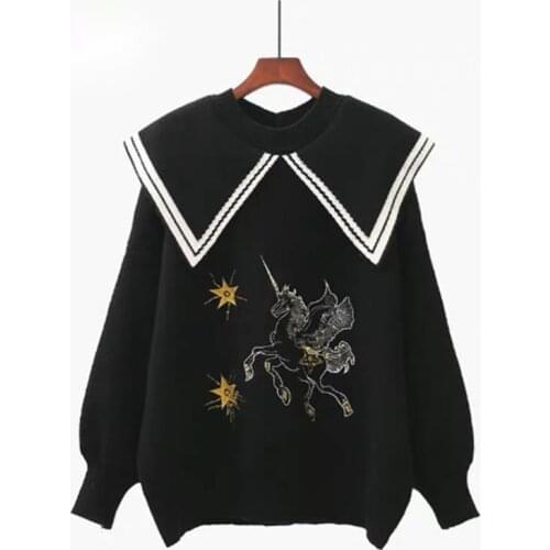 Womens Kawaii Sweater Cartoon Unicorn Embroidery Pullover Navy Collar Sweater All-match Outer Wear 2021 Autumn Winter New
