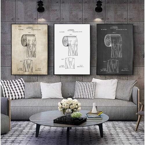 Toilet Paper Patent Vinatge Poster Bathroom Wall Art Prints , Roll of Toilet Paper Blueprint Canvas Painting Wc Sign Home Decor