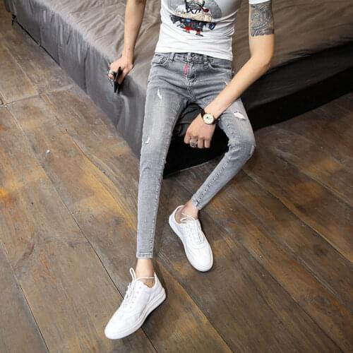 Spring Autumn teenagers casual new cropped trousers mens self-cultivation feet pants hole trend all-match Korean pencil jeans