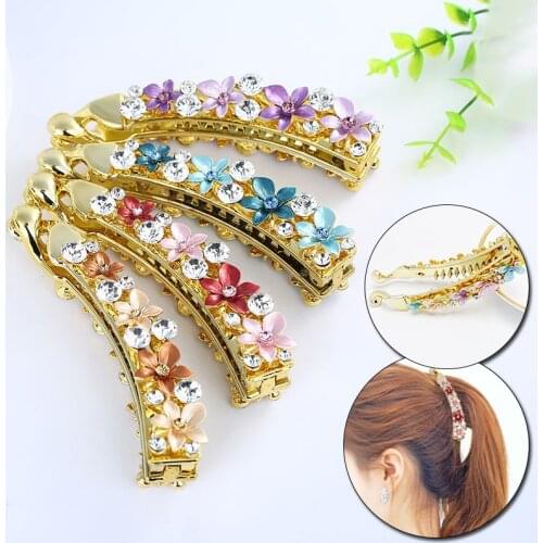 Vintage Crystal Rhinestone Flower Hairpin Holder Ponytail Women Alloy Banana Hair Clip Claws Vertical Clip Hair Accessories