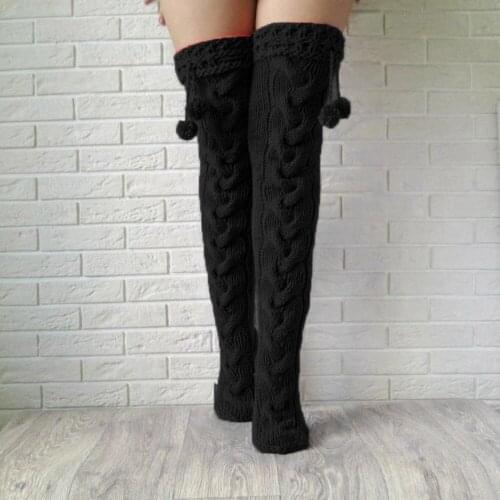 Women Wool Knitted Thick Stockings Autumn and Winter Casual Warm Fluffy Over Knee Socks Leg Warmer Solid Color