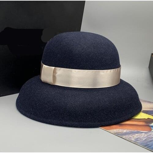 202106-fcm399 new wool solid Lampshade modeling Hepburn style bowknot lady BUCKET cap women fishermen hat