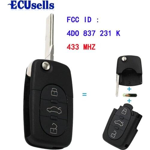 3 Button Folding Keyless Remote Key Fob For Audi A6 TT Old Models 433Mhz With ID48 Chip 4D0 837 231 K