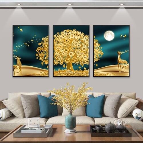 No frame gold tree canvas poster Golden deer money tree wall picture islamic wall art Still life gold poster and prints