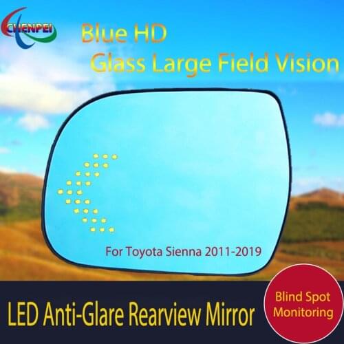 Large View Blue Mirror Anti-Glare Electrically Heated Rearview Mirror With LED Turn Indicator For Toyota Sienna 2011-2019