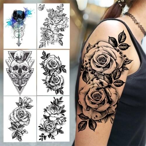 Large 3D Rose Flower Temporary Tattoos For Women Men Adults Death Skull Tattoo Sticker Peony Dahlia Black Fake Tatoos Forearm