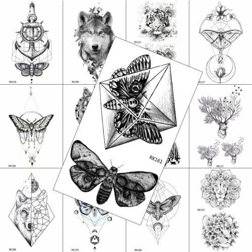 Black Geometric Butterfly Temporary Tattoos Fake Waterpoof Realistic Sheets Sticker Body Art Arm Legs Chest Tattoos For Women