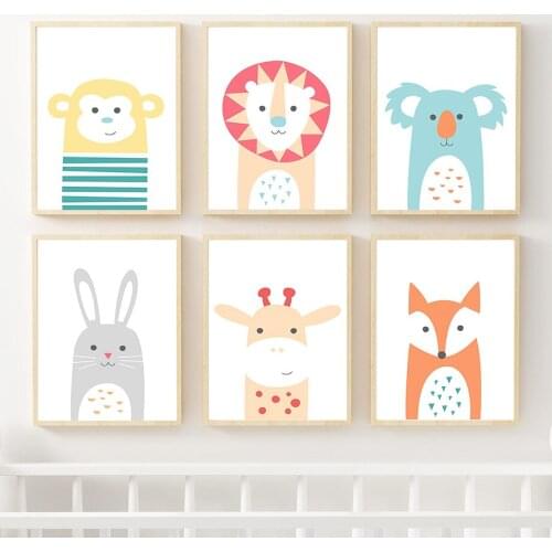 Lion Rabbit Giraffe Bear Monkey Rainbow Wall Art Canvas Painting Nordic Posters And Prints Cartoon Wall Pictures Kids Room Decor