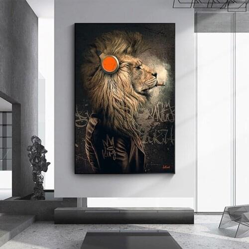 Animal Painting Funny Headphone Lion Canvas Oil Paintings Wall Art Posters and Print Canvas Prints for Living Room Decoration