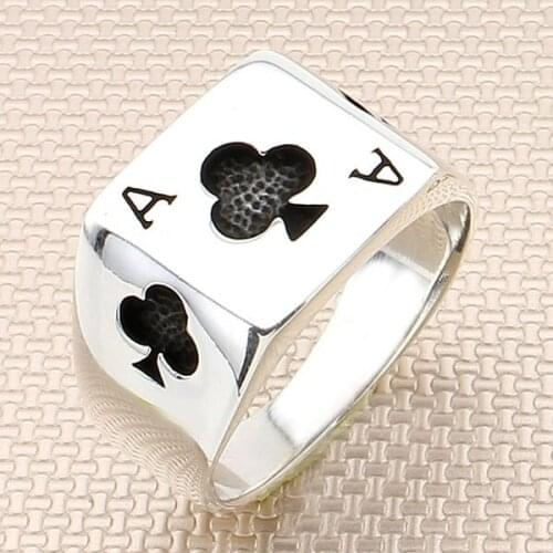 Sterling Silver Clover Playing Card Model Oxidized Ring For Men Made in Turkey