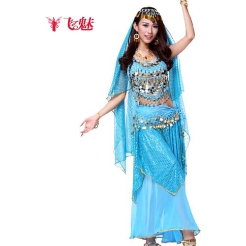 India dance performance Costume (Small pepper tops+skirt+Head veils+ Eyebrows Sinkers+waist chain)5pcs/set Belly Dance clothing