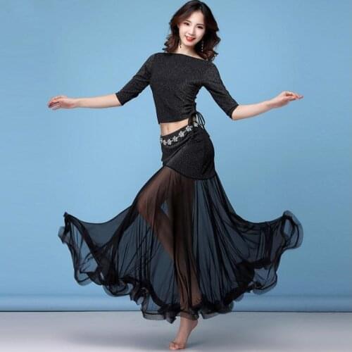 Autumn Winter Long Sleeve Dance Costume 2 Piece Set (Blouse Mesh Tutu Skirt) Shine Oriental Dance Practice Wear Red