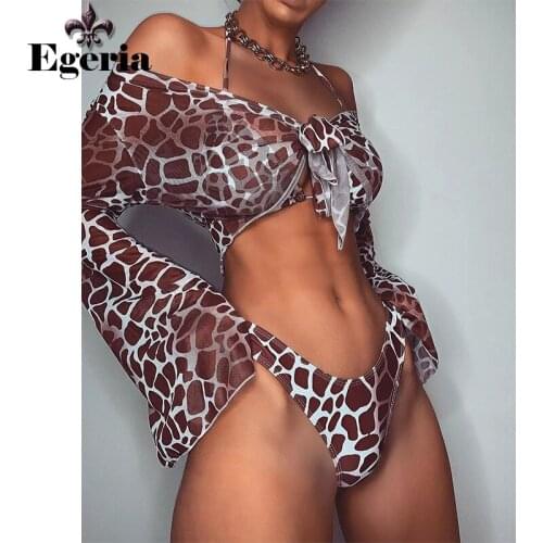 Sexy 3 Piece Swimsuit Women Leopard Print Push Up Padded Biquini Brazilian Summer Bathing Suit Long Sleeve Thong Bikini Swimwear