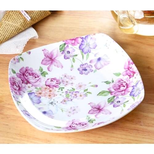 8inch, real bone china flower square dish, ceramic dinner plates, deep enamel plate for dessert, vintage flower pasta plate