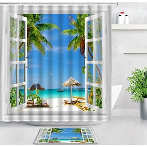 Palm Trees Summer Ocean Scenery Shower Curtain Set Tropical Green Plants Garden Wall Decor Bathroom Carpet Non-slip Rug Bath Mat