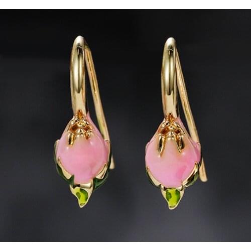 Trendy Female Enamel Flower Drop Earrings Charm Gold Color Wedding Earrings Cute Bride Pink Green Dangle Earrings For Women