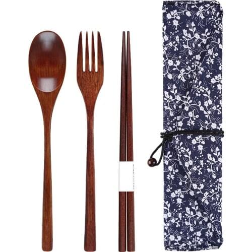 Wooden Spoon Fork Set of 3 Dinnerware Set Long Handle Wood Spoon Fork Chopsticks Portable Cutlery Set Wood Tableware